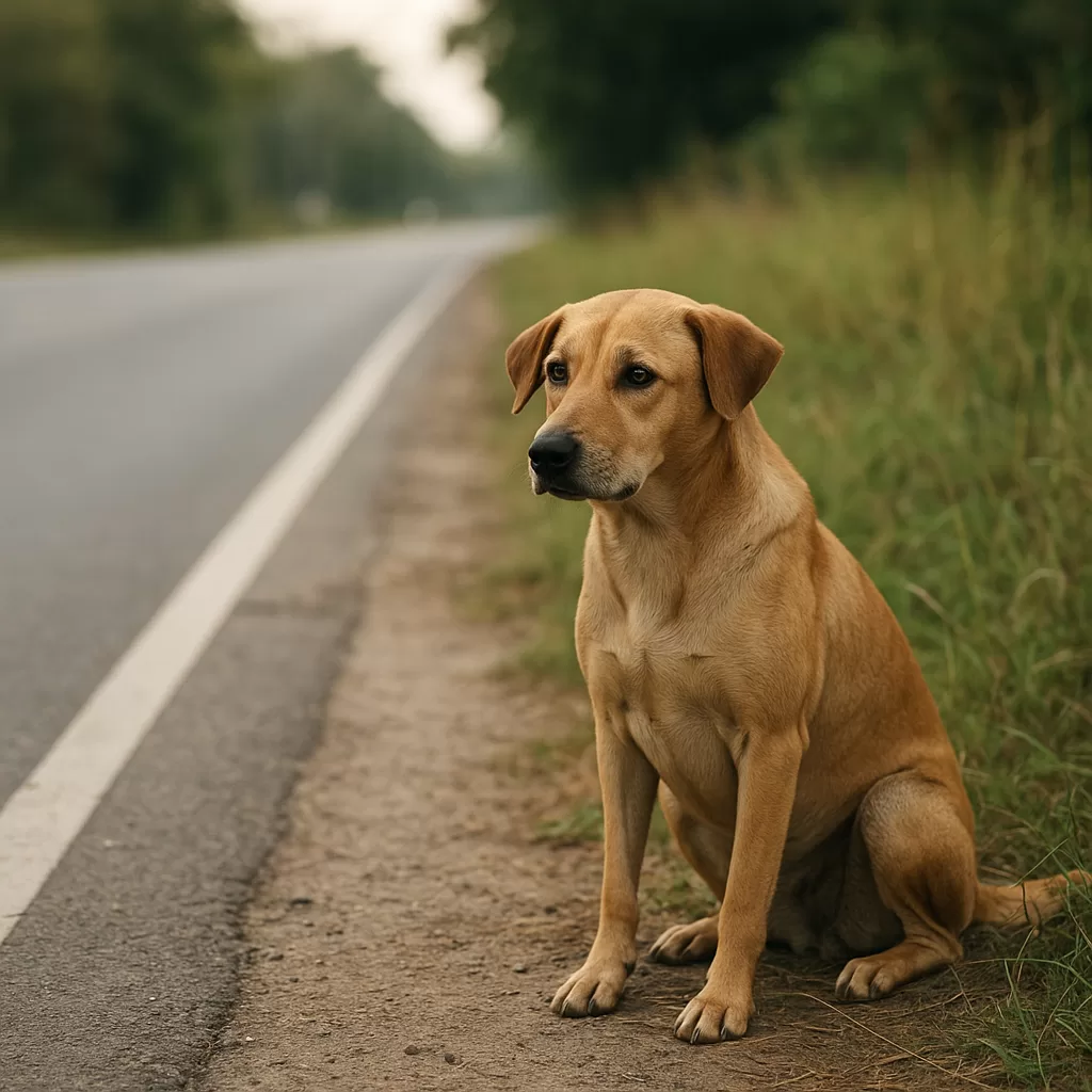 Brown dog waited daily by roadside surrounded by green plants, patiently sitting at the same spot.