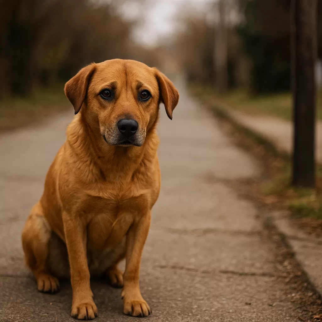 Brown dog sitting patiently on a paved path in a park, waiting daily at the same spot.