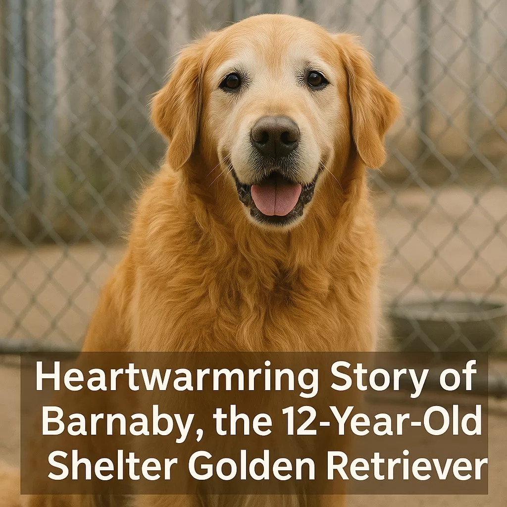 Barnaby, a 12-year-old Golden Retriever with a greying muzzle, sits happily in the shelter.