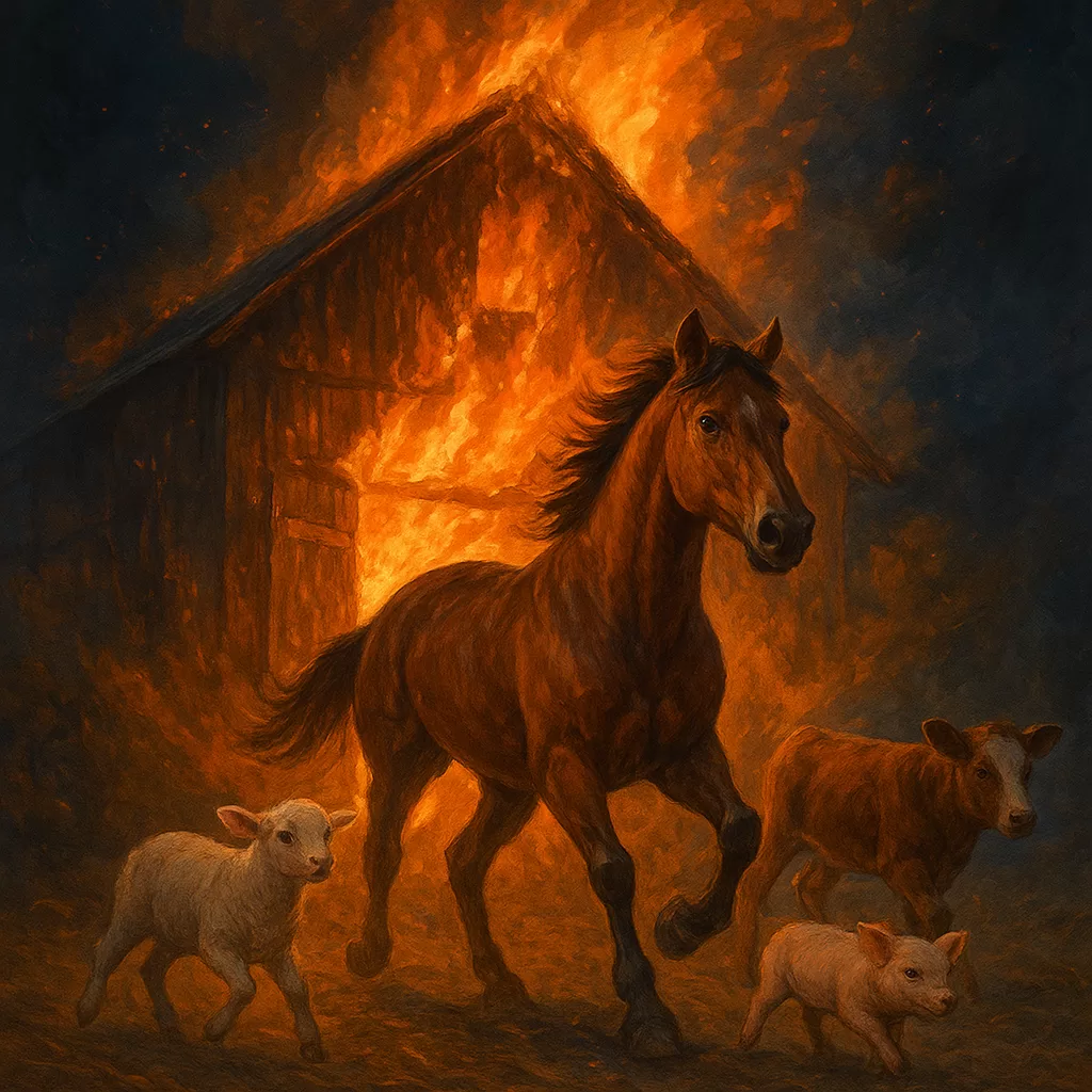 Horse leads lamb, calf, and piglet away from burning barn at night in a true story of heroic rescue.