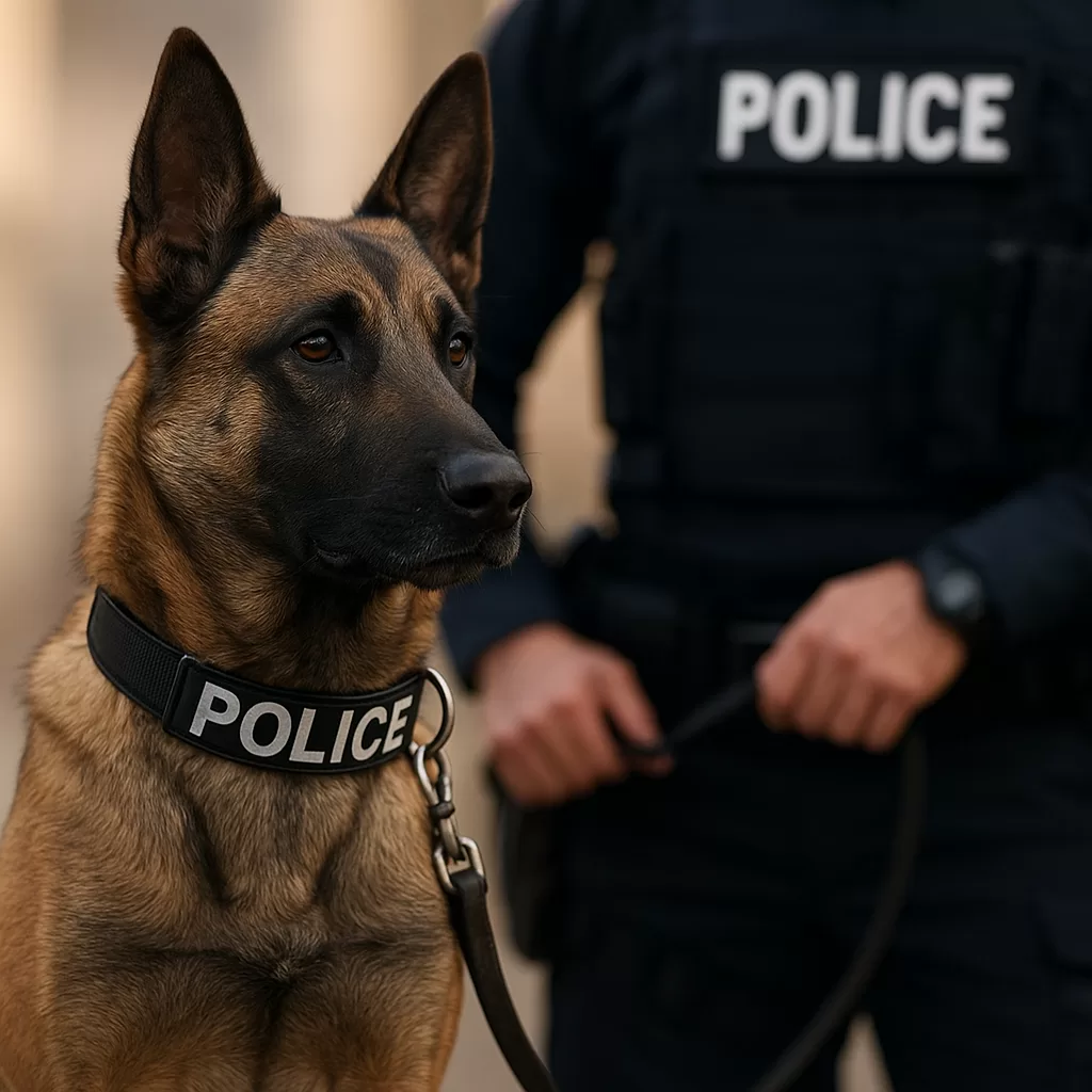 Police dog with handler in uniform, symbolizing courage, loyalty, and life-saving police dog rescue missions.