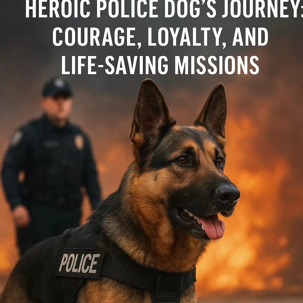 Police dog and officer stand boldly, symbolizing courage, loyalty, and heroic life-saving rescue missions.